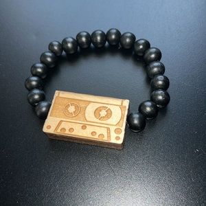 Cassette Tape Wooden Beaded Bracelet Tan & Black